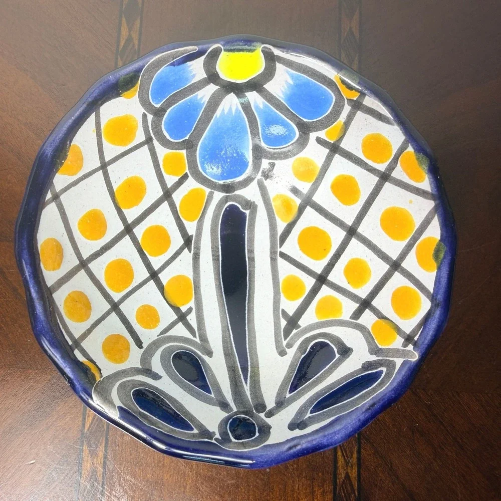 Vintage Hand Painted Ceramic Trinket Dish Floral Boho Decor Small Pottery Dish